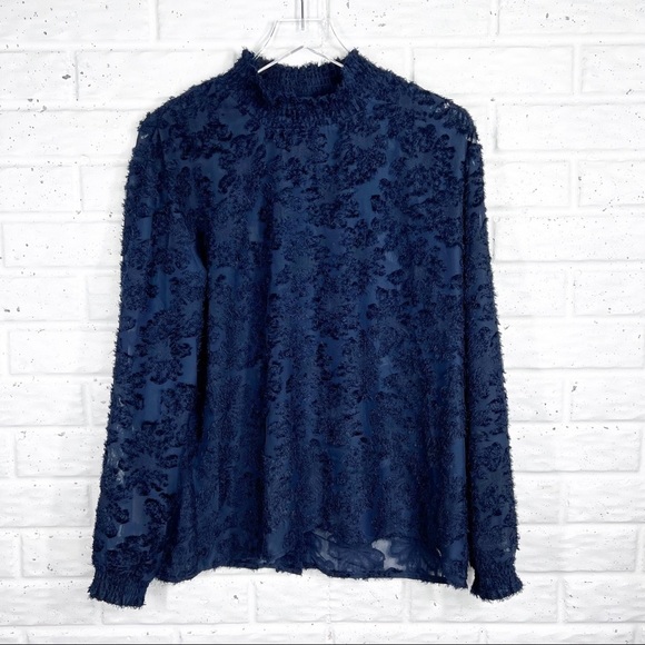Numph Tops - NUMPH Numaryann Blouse Navy Blue Long Sleeve Textured Sheer Top